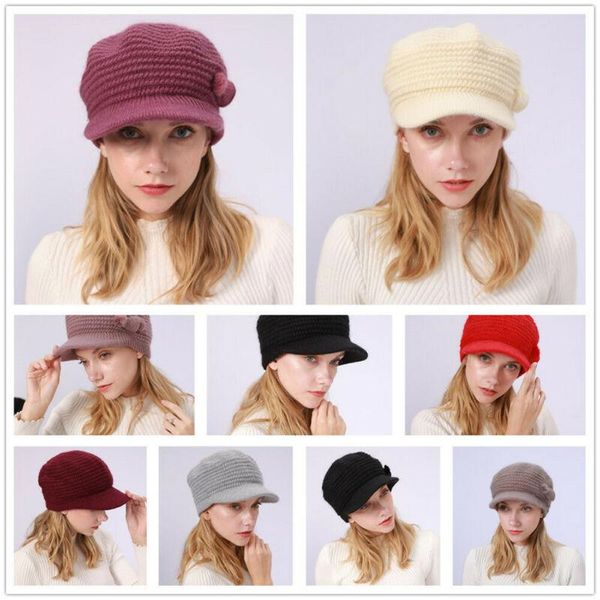 

berets 2021 simple women knitted solid color hat fur beret for lady, Blue;gray