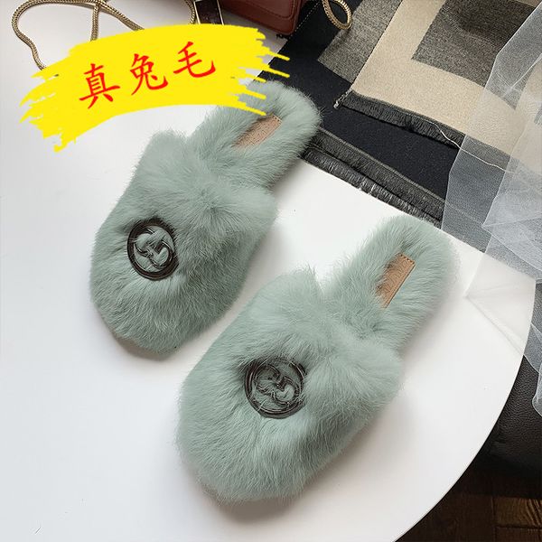 

autumn and winter women wear pregnant non-slip half drag versatile soft bottom flat bottom real rabbit hair mueller shoes x1020, Black