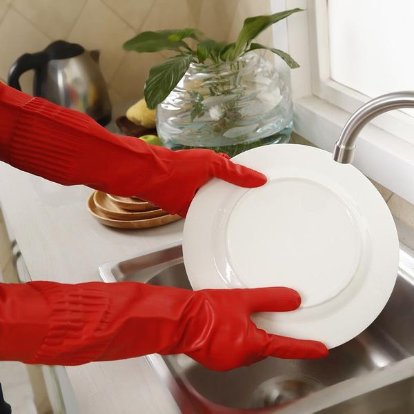 

five fingers gloves 38cm lengthen kitchen latex red laundry dishwashing housework household a85, Blue;gray