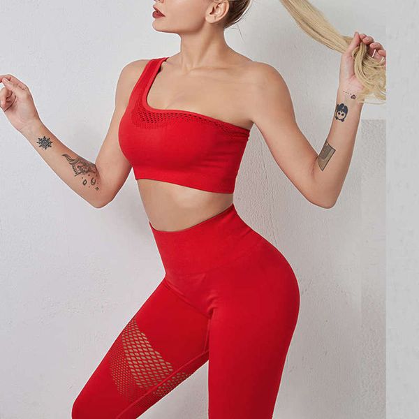 

net red fitness suit gathered ins one shoulder sports bra mesh high waist hip lifting yoga pants, Gray