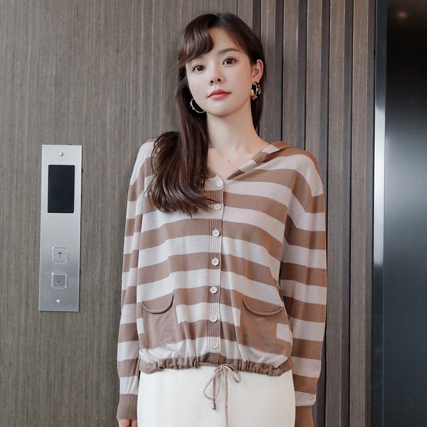

vl4q5 spring drawstring autumn winter new s striped hooded knitted cardigan for versatile jacketwomen's casual and jacket and loose jac, White;black