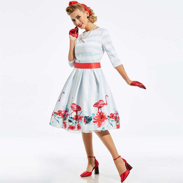 

skirt big swing hepburn round neck style mid sleeve stripe print lace up waist dress, Black;gray