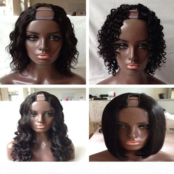 

4 style u part human hair wigs curly wave bob unprocessed brazilian hair u part wig 1*3 u part wig human hair for black woman, Black;brown