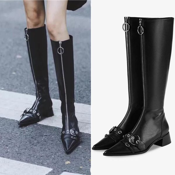 

boots woman's buckle punk knee high long genuine leather pigskin motorcycle pointed toe zip women tall, Black
