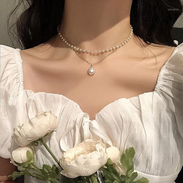 

chokers 2021 fashion korean double layer chain gold choker necklace women pearl pendant chains collar jewelry chain1, Golden;silver
