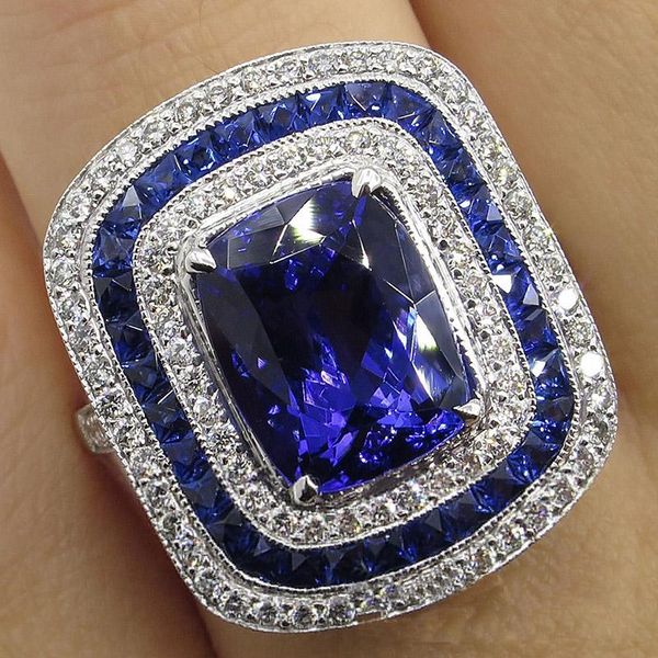 

luxury big blue square crystal engagement ring vintage silver color bride promise wedding rings for women fashion jewelry anillo