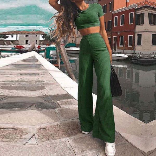 

2 piece set knitted ribbed women's sets o-neck short sleeve crop wide leg long pants solid tracksuits 2019 summer suits1, White