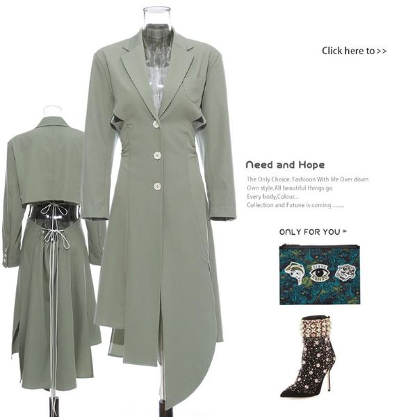 

olive green suit 2021 autumn winter medium splicing collar high street waist open back hem irregular cut dress windbreaker, Tan;black