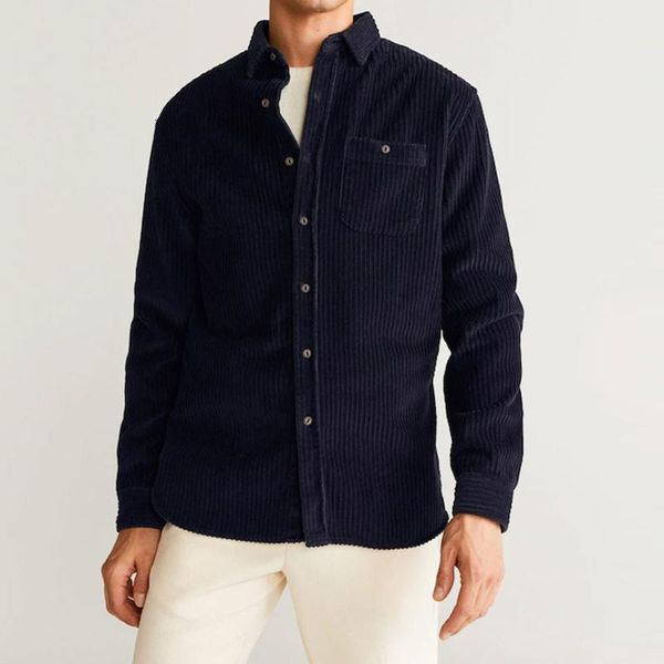 

fashion men's new corduroy solid colors casual button loose turndown collar long-sleeved pocket shirt chemise homme#35, White;black