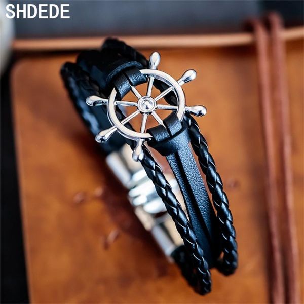 

shdede black brown leather rudder charm bracelets for men friendship gift vintage fashion punk rock jewelry accessories +ob1257, Golden;silver