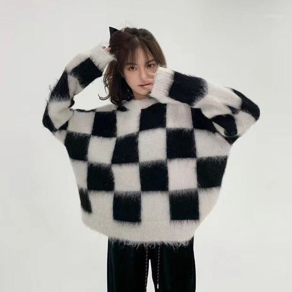 

2020 autumn and winter new black and white mohair loose blouse women's casual lazy round neck all-match sweater1, White;black
