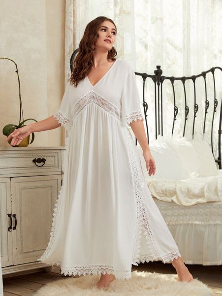 

plus v neck contrast guipure lace nightdress e9gl#, Black;white