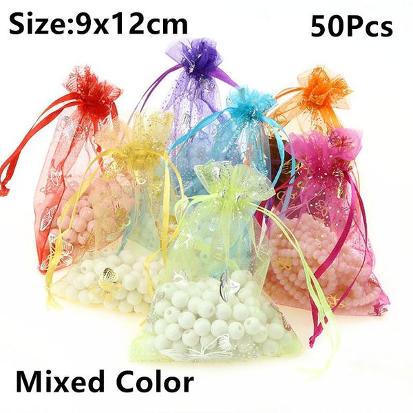 

50pcs organza bags jewelry packaging bags butterfly print wedding party decoration drawable bags gift pouches christmas gift bag wmtblw, Black