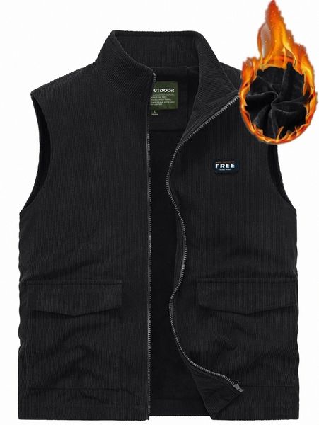 

men slogan patched detail flap pocket thermal fleece vest jacket t0q9#, Black;brown
