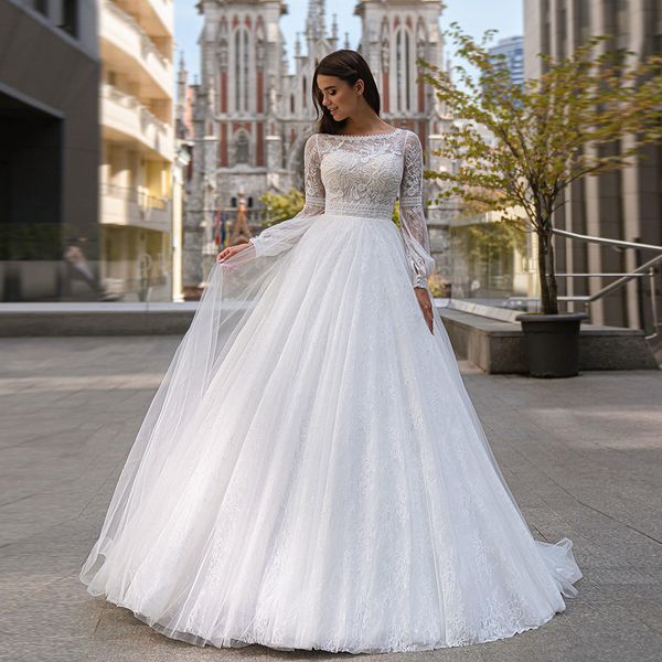 

2021 new elegant ball lace wedding long sleeves boat neck applique see through tulle bridal gown vestido de noiva ldp2, White