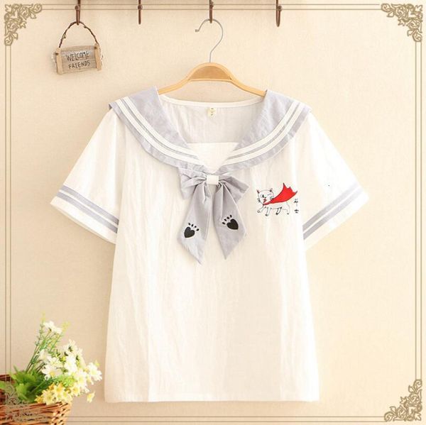 

woman in cartoons cat embroidered t-shirts sailor collar short sleeve tshirts 2021 summer sweet girl style p1468 euo5, White