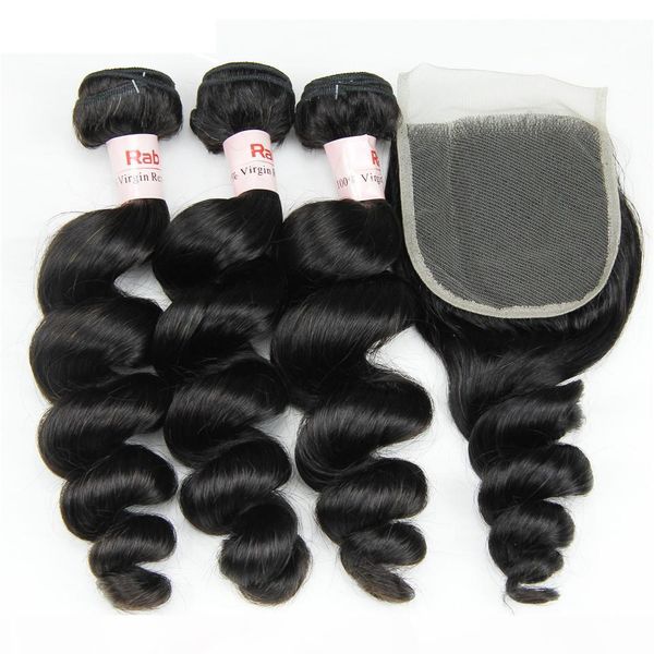 

свободные волны remy связки человеческих волос с closure rabake remy наращивание волос перуанской рыхлой завивка 4шт 3 связки с 4x4 lace clo, Black;brown