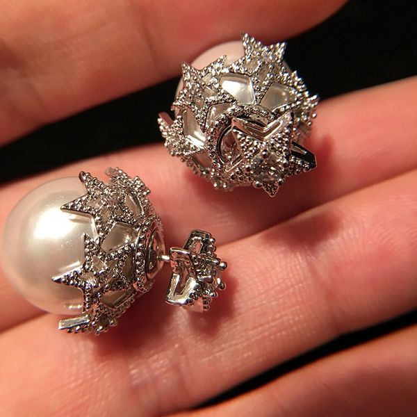 

lovely cute diamond zirconia star pearl earrings fashion luxury designer stud earrings for woman girls gifts s925 silver post front back, Golden;silver