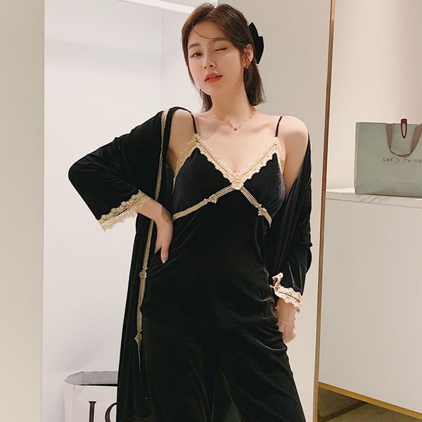 

Sexy V-neck Lace Sleepwear Velour Nightwear Autumn Winter Women 3PCS Pajamas Robe Set Bathrobe Casual Homewear Pijamas Suit, Pink1-3pcs