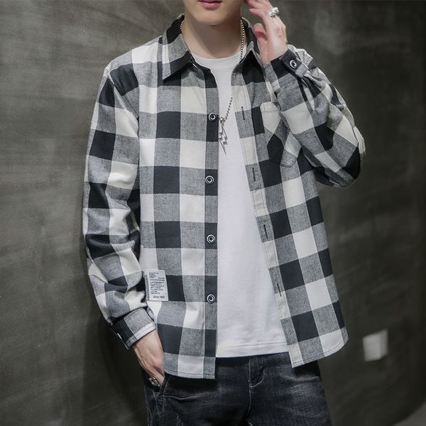 

black and white plaid shirt men's spring and autumn new korean youth large size loose long-sleeved men's shirt, White;black