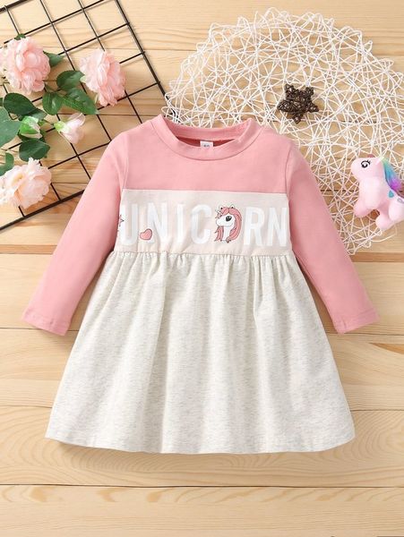 

baby girl letter & unicorn print dress she, Red;yellow