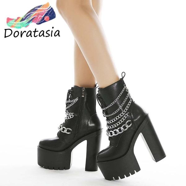 

boots doratasia women punk street lace up platform gothic shoes thick bottom fashion metal chain high heels, Black