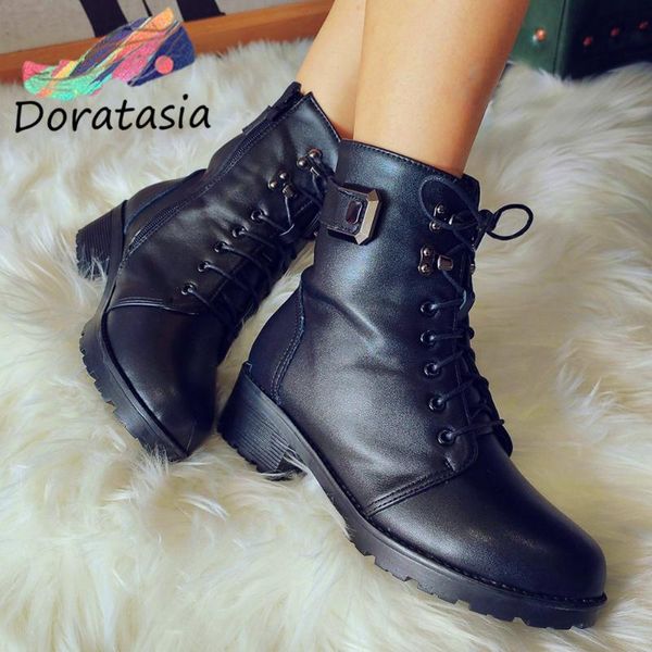 

doratasia genuine leather women short plush warm lace up shoes brand winter boots women fashion buckle ankle boots, Black