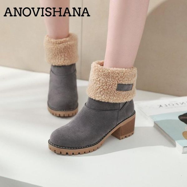 

anovishana tenis feminino sapato brand women boots winter shoes fur warm snow boots square high heels ankle bota feminina, Black