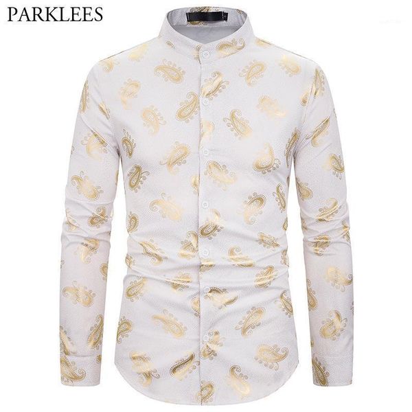 

stylish paisley gold print party shirt men brand banded collar slim fit dress shirts mens nightclub weeding dinner chemise1, White;black