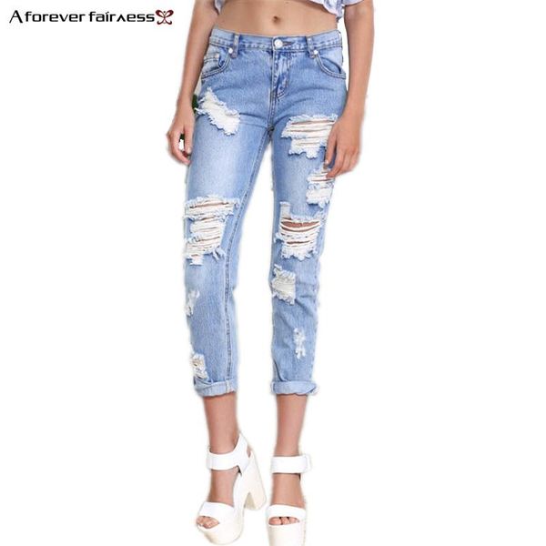 

a forever 2021 spring new women middle waist jeans women casual ripped pencil pants fashion hole jeans roll up trousers -726, Blue