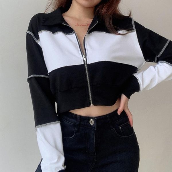 

women autumn long sleeve lapel jacket black white color block patchwork coat harajuku zipper up casual loose streetwear, Black;brown