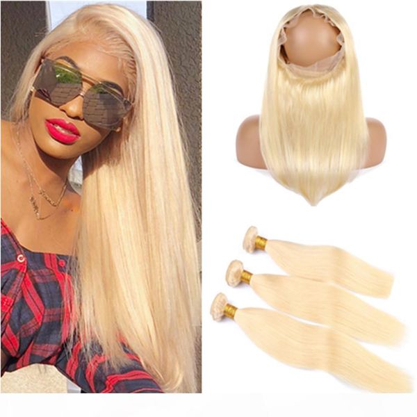 

blonde hair bundles and 360 closure #613 bleach blonde straight brazilian human hair weaves with 360 lace frontal 22.5x4x2" pre plucked, Black;brown