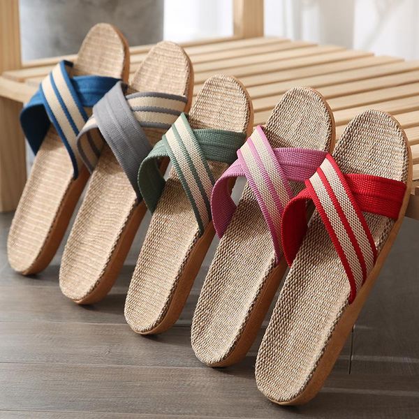 

natural linen indoor slippers summer home men women's shoes wear-resistant thick-soled household floor soft female slides, Black