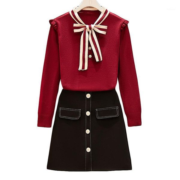 

new 2021 spring autumn women bow shirt knitting sweater a line black skirts two-piece clothing set lady outfit knitwear, Gray