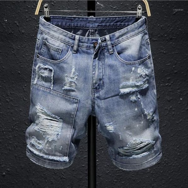 

men blue denim shorts summer holes short jeans men cotton slim jean shorts moto biker style denim jeans1