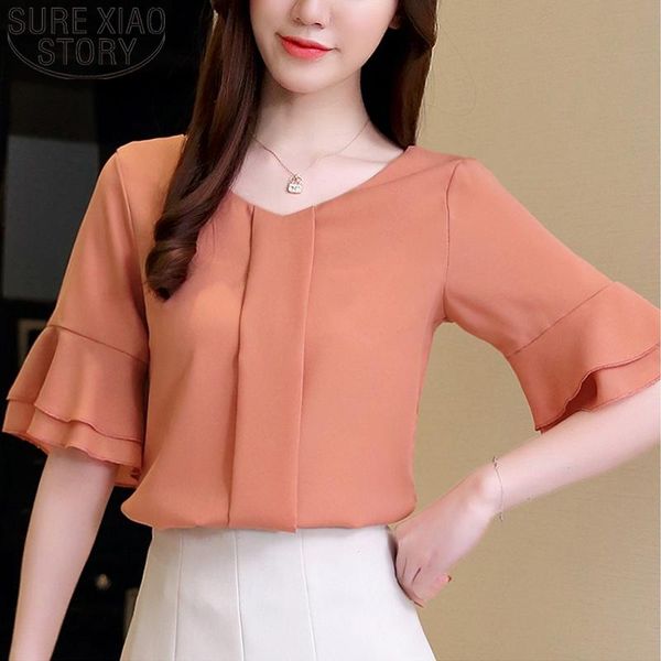 

2021 summer women's blouses flare sleeve chiffon blouse shirt ladies' work wear office blusa feminina shirts women 8794 50, White