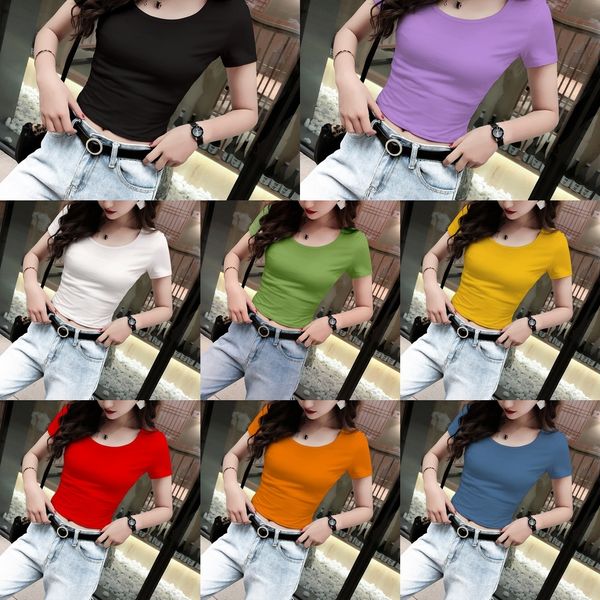 

kgxfc black new dew ins fashion round leak navel short summer 2020 short for women 18-24 years old tight t-shirt t-shirt neck sleeve qcd3u, White