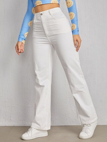 

solid high waist straight leg pants h29d#, Black;white