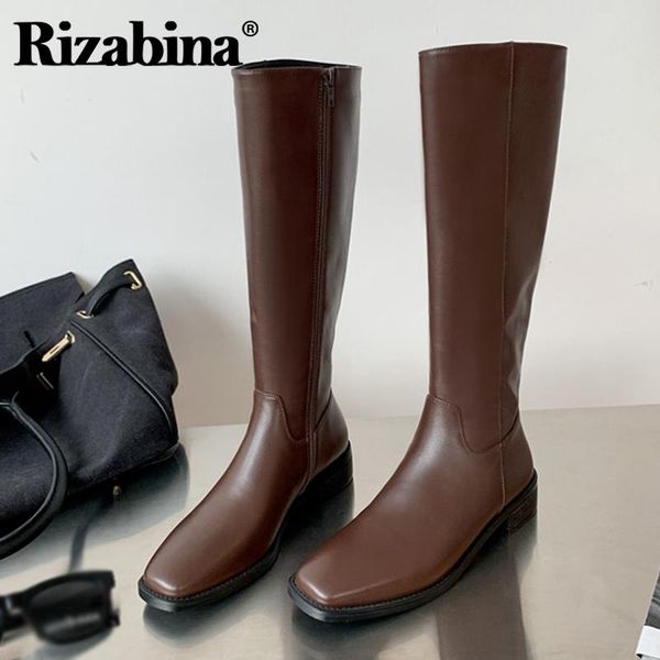 

rizabina women knee high boots real leather square toe women winter long boots fashion winter shoes footwear size 34-39, Black