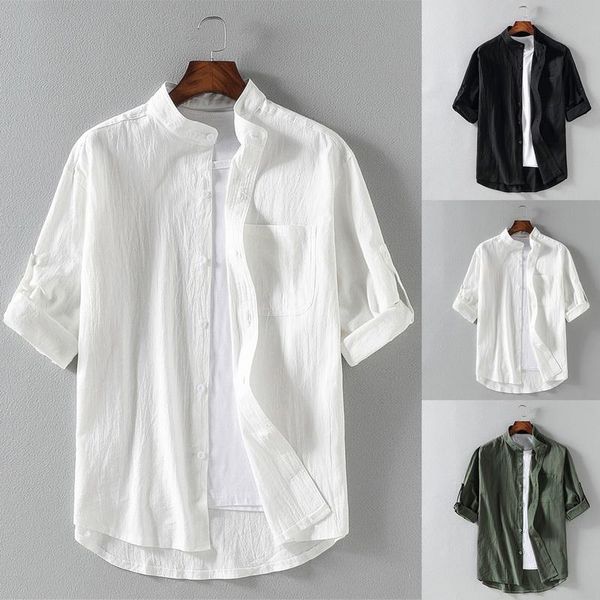 

men's casual shirts short sleeve 2021 summer cotton linen breathable comfortable fashion shirt solid male loose, White;black