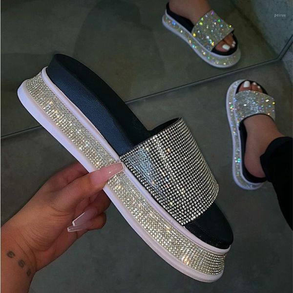 

slippers summer wedge plarform women crystal flat soft bling female flip flops outdoor ladies slides beach shoes1, Black