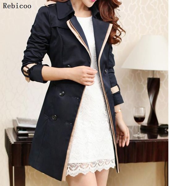 

fashion women thin trench coat turn-down collar double breasted patchwork long trench coat slim plus size wind1, Tan;black