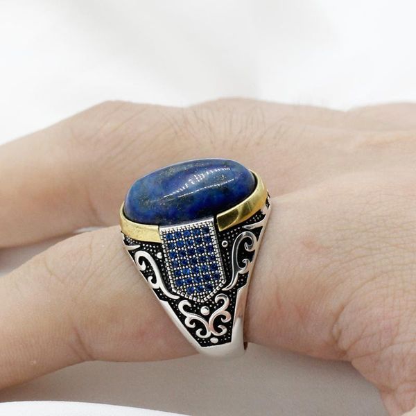 

cluster rings vintage natural lapis lazuli stone men ring sterling silver 925 pave setting blue cz male antique turkey jewelry, Golden;silver