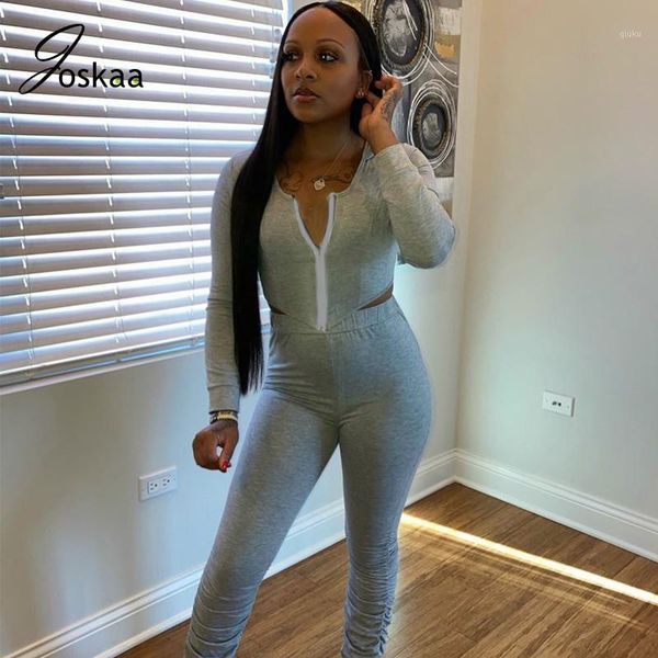 

joskaa hooded jacket zipper pleated sweat pants leggings solid casual sports suit women's two piece set tracksuits outfits1, Gray