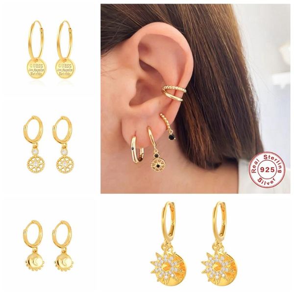 

hoop & huggie aide authentic 925 sterling silve geometric star zircon earrings for fashion women party fine jewelry accessories pendiente, Golden;silver
