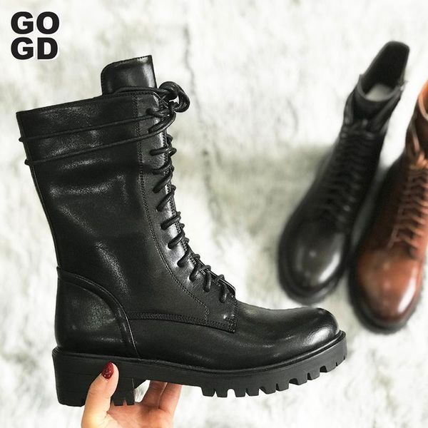 

boots [gogd]2021 pretty girl shoes women black leather female zipper cross-tied bling buckle riding with diamond whosesale1