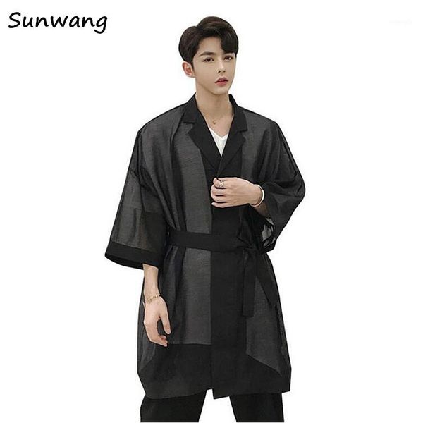 

men mesh windbreaker jacket long style fashion casual mens trench loose male punk gothic dress coat kimono summer cardigian1, Tan;black