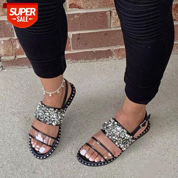 

cinessd 2020 summer fashion nailing diamond sequins women shoes outdoor sand beach roman style flat bottom sandals 35-43 t #ya2w, Black