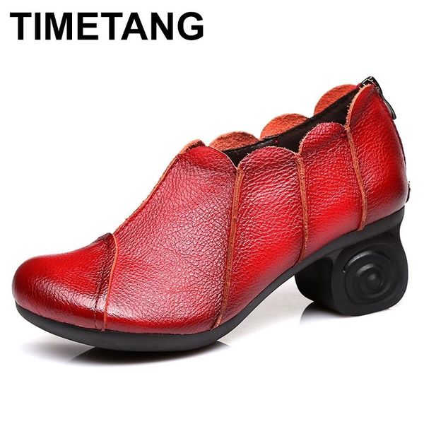 

timetang women pumps genuine leather high heel shoes genuine leather thick heels handmade shoe vintage style, Black