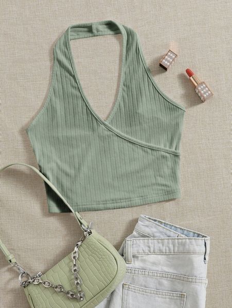 

open back rib-knit halter r4m7#, White